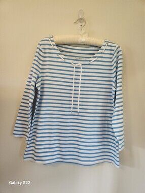 Talbots Blue & White Striped Long-Sleeve Boatneck Tie-Front Top